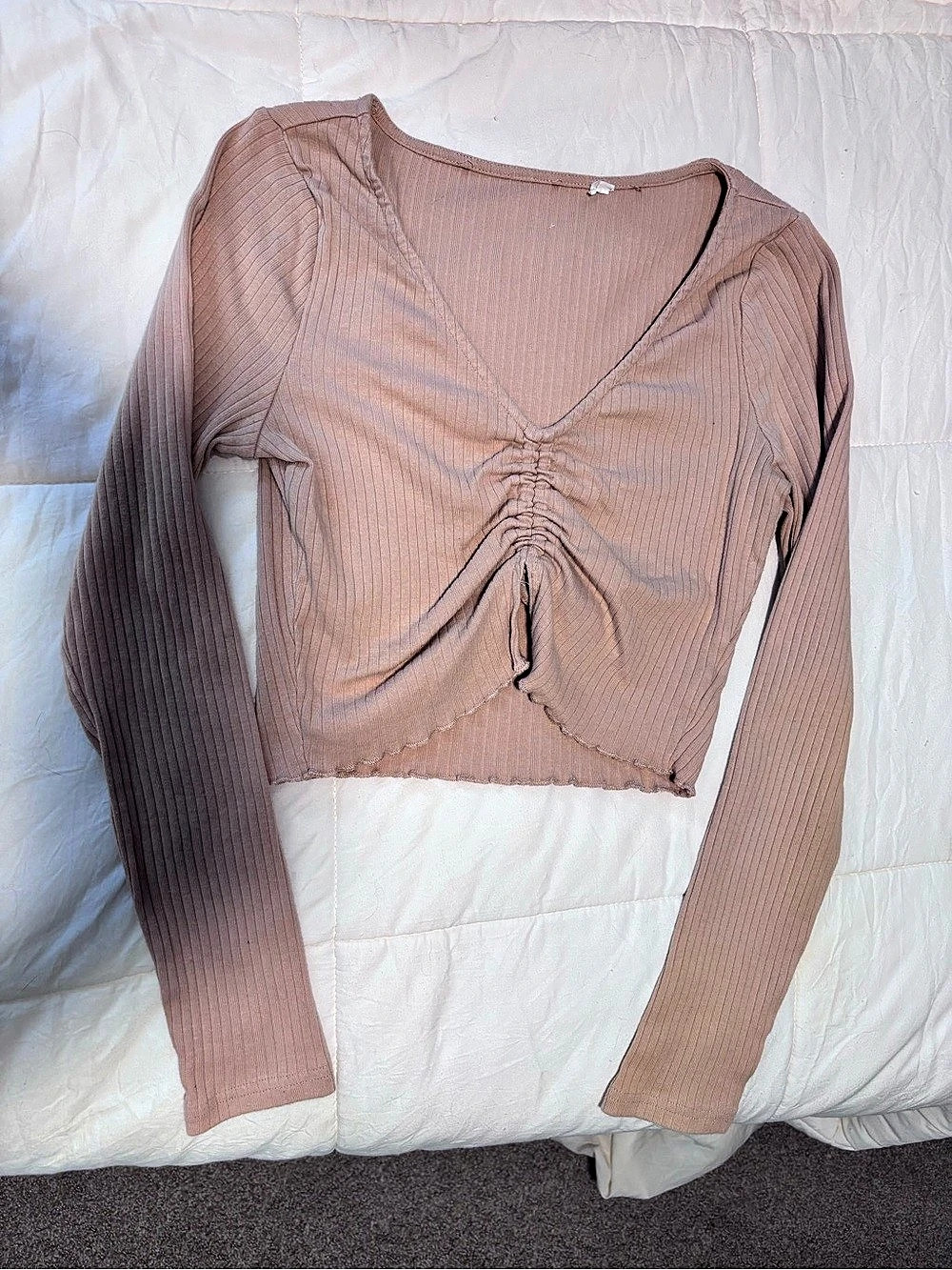 Ruched Long Sleeve Crop Top in light brown/ nude Size Small Like New